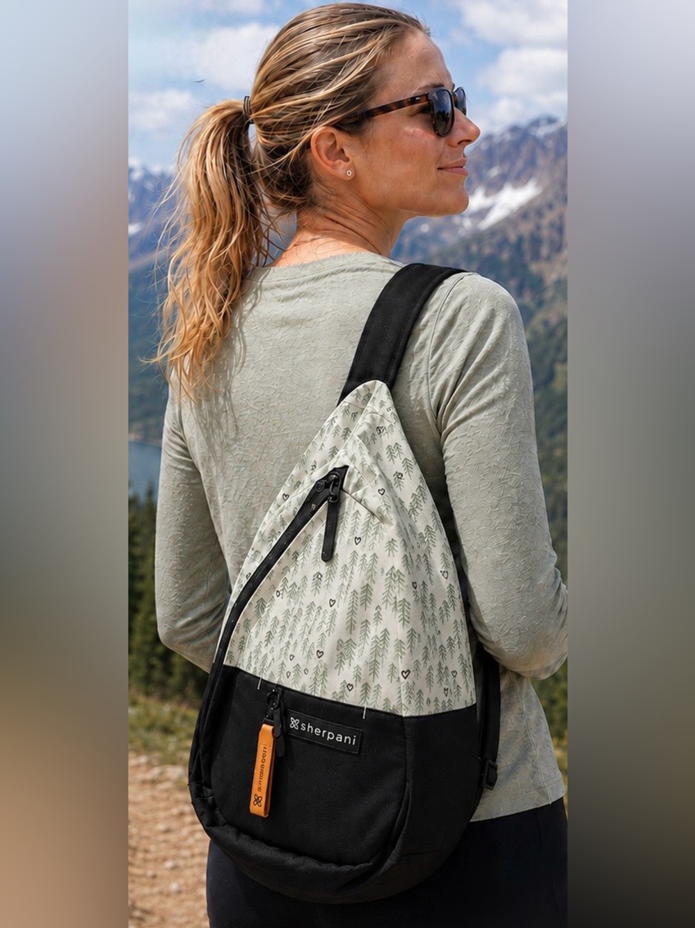 Sherpani Esprit Green Tree-Print Sling Backpack with Black Trim
